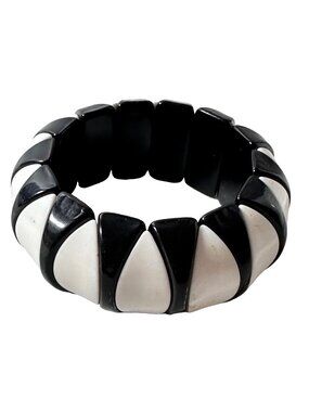 Chunky Mod Black White Bracelet Stretch Tribal Retro Acrylic Beads Statement